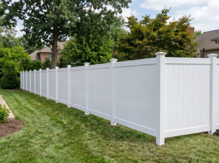 White PVC privacy fence along backyard